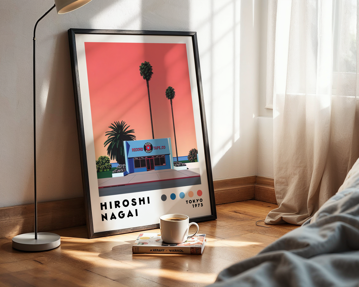 Hiroshi Nagai Sunset Record poster visualiserad på vägg – från Bozetto i hög kvalitet