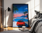 Mockup av Retro 80s Ferrari Hiroshi affisch på vägg – köp enkelt hos Bozetto i hög kvalitet