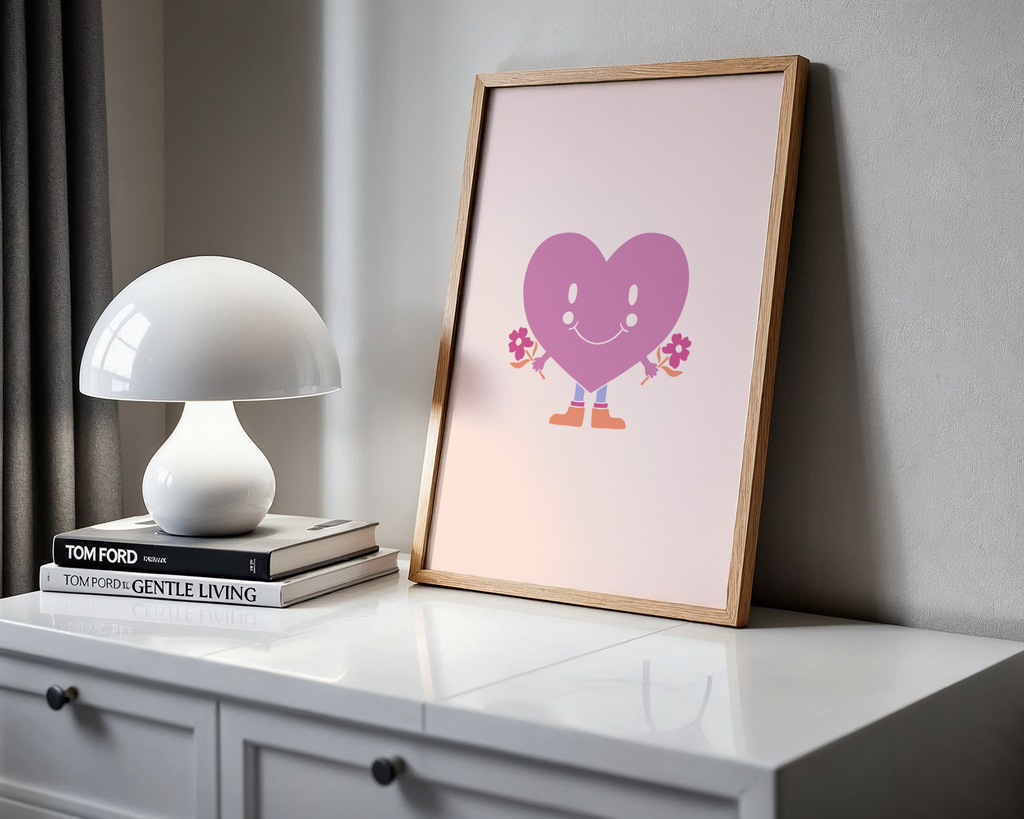 Mockup av Happy Heart Character affisch på vägg – köp enkelt hos Bozetto i hög kvalitet