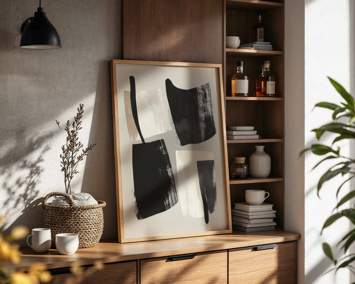 Mockup av Abstract Brushstrokes affisch på vägg – köp enkelt hos Bozetto i hög kvalitet
