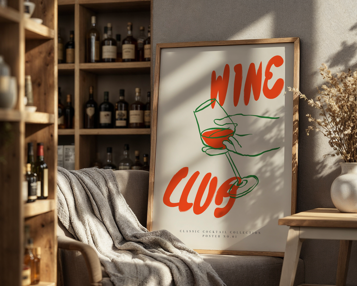 Mockup av Wine and Dine Club affisch på vägg – köp enkelt hos Bozetto i hög kvalitet