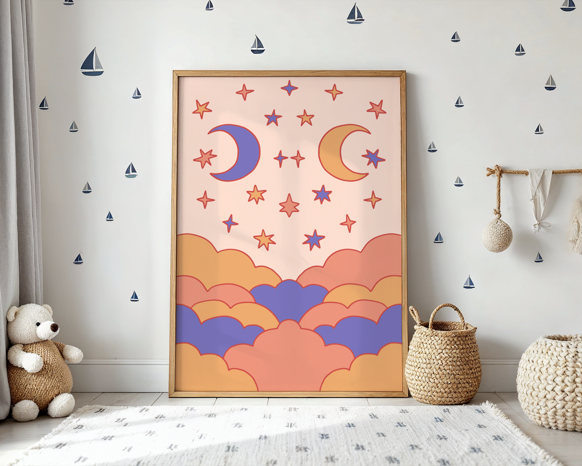 Mockup av Moon & Magic Skies affisch på vägg – köp enkelt hos Bozetto i hög kvalitet