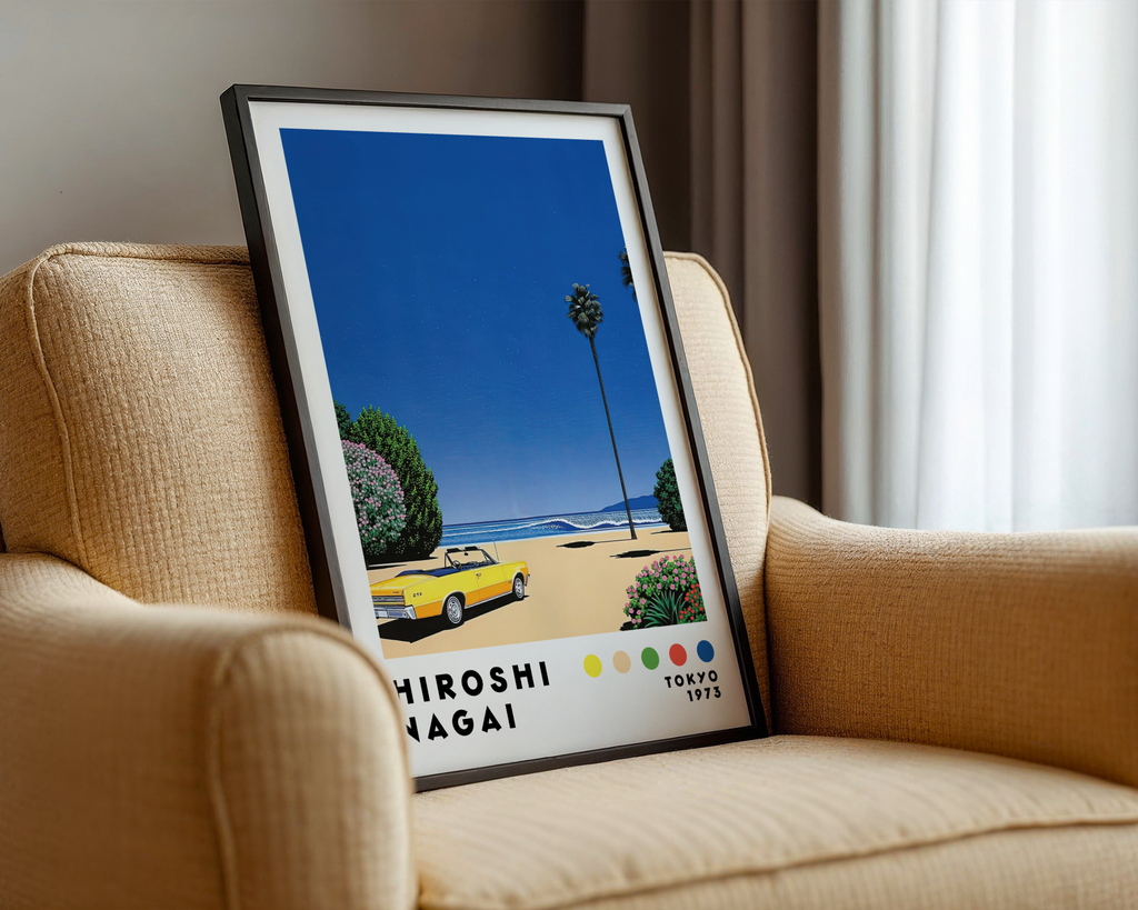 Väggmockup av Hiroshi Nagai Yellow Coastline affisch på ljus vägg – Bozetto konsttryck