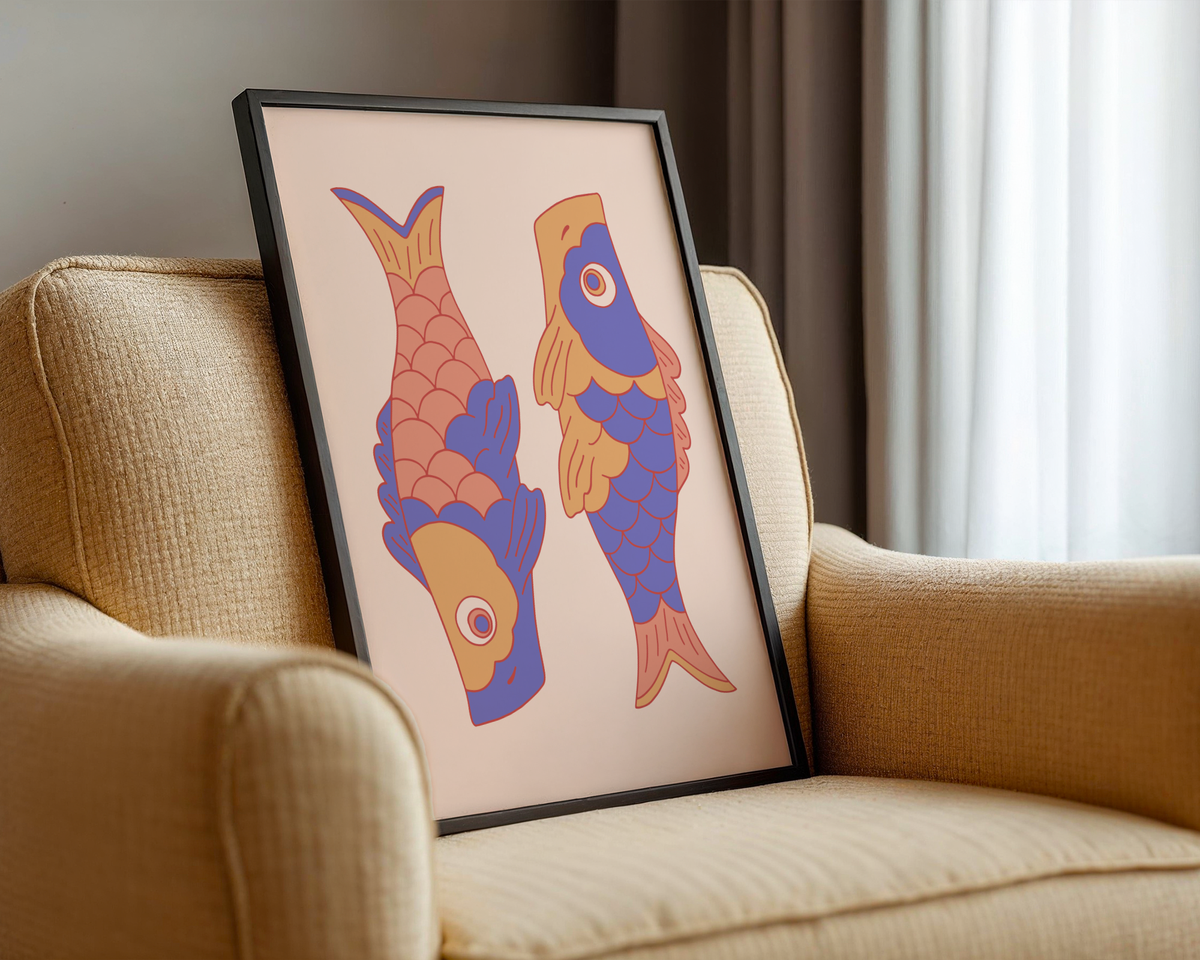 Mockup av Koi Harmony Duo affisch på vägg – köp enkelt hos Bozetto i hög kvalitet