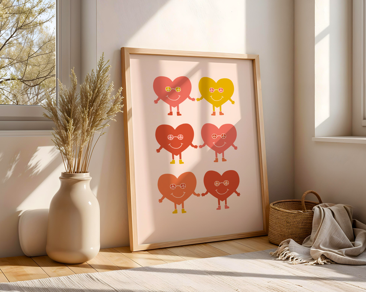 Mockup av Colorful Heart Friends affisch på vägg – köp enkelt hos Bozetto i hög kvalitet