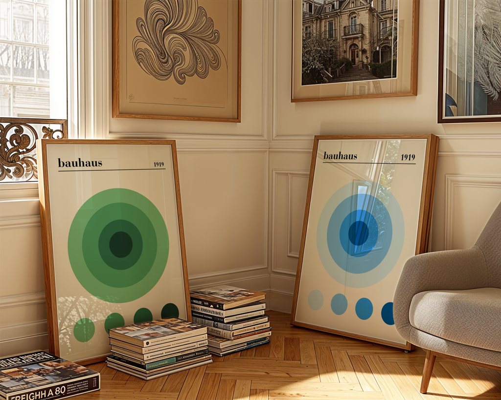Väggmockup av Bauhaus Blue Circles affisch på ljus vägg – Bozetto konsttryck – nr 3