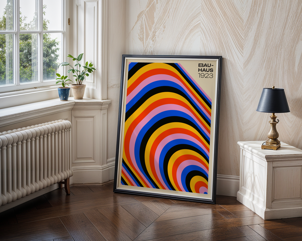 Mockup av Bauhaus Arches affisch på vägg – köp enkelt hos Bozetto i hög kvalitet
