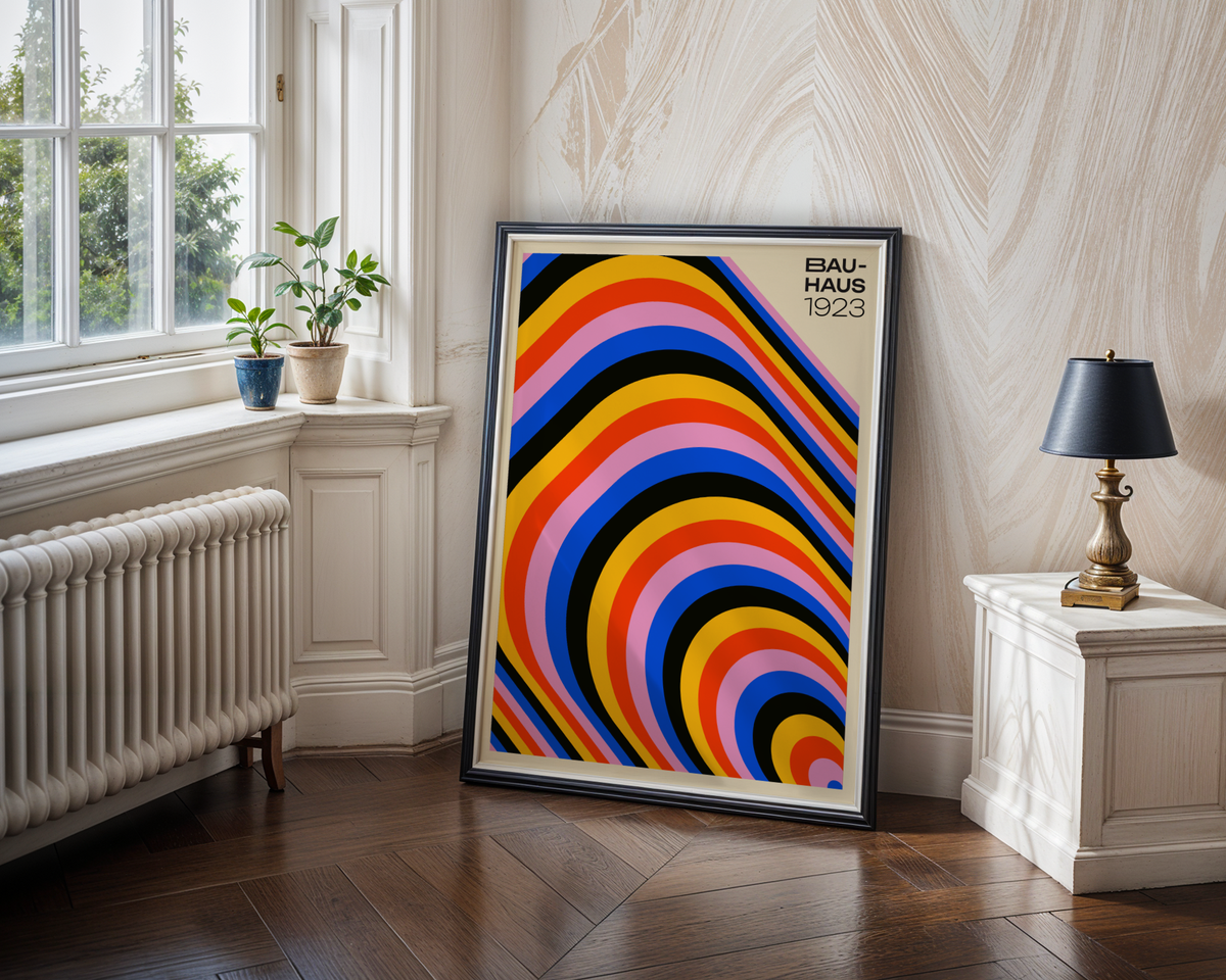 Mockup av Bauhaus Arches affisch på vägg – köp enkelt hos Bozetto i hög kvalitet