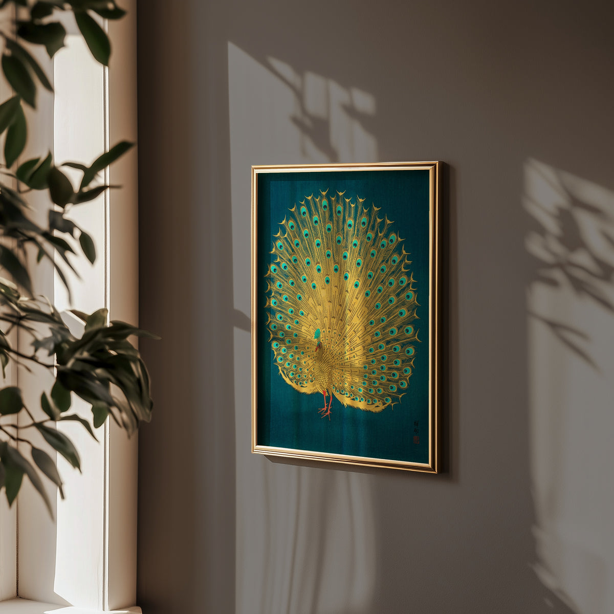 Golden Peacock Poster med svart ram