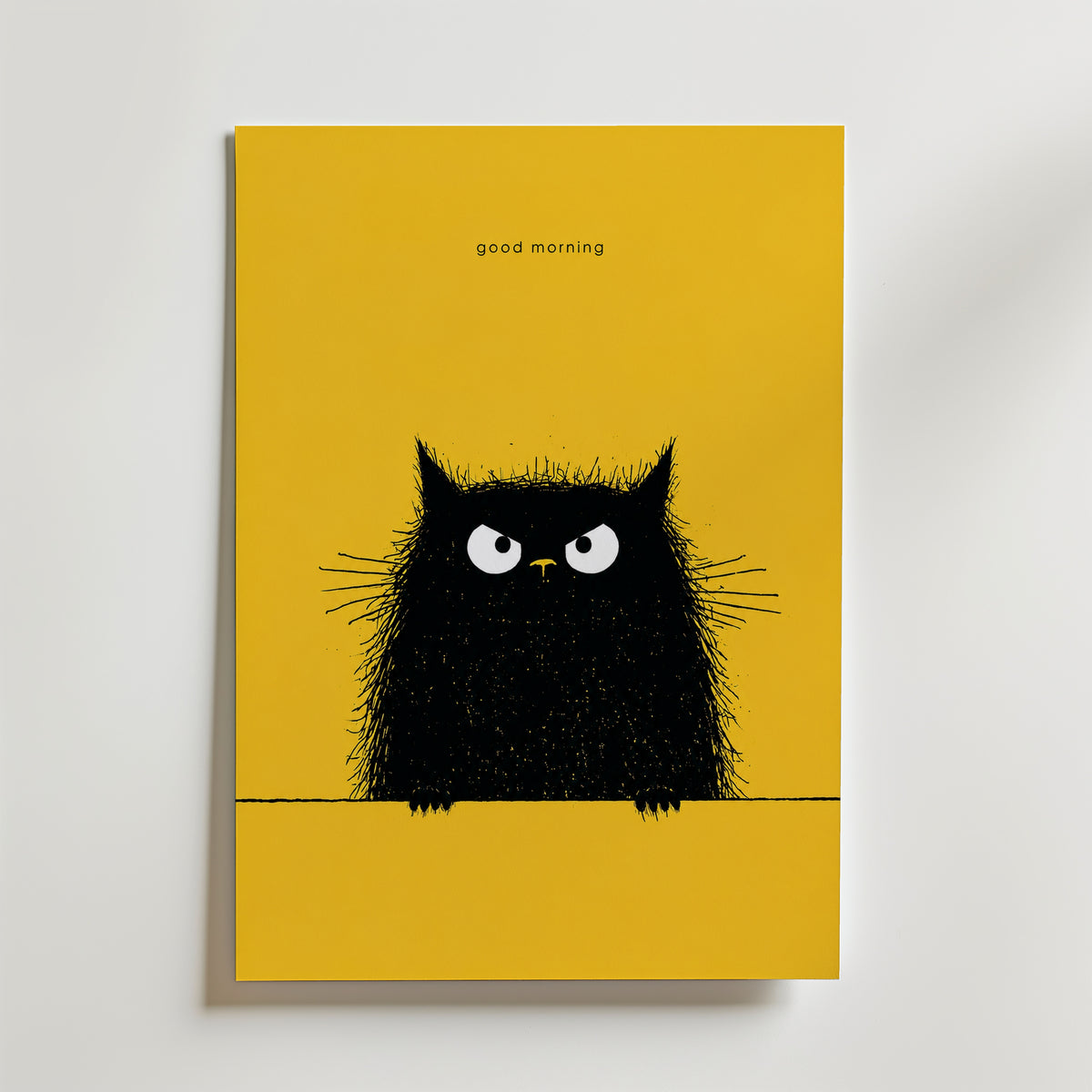 Good Morning Poster – lurvig svart katt på gul bakgrund på canvas, tryckt i Sverige