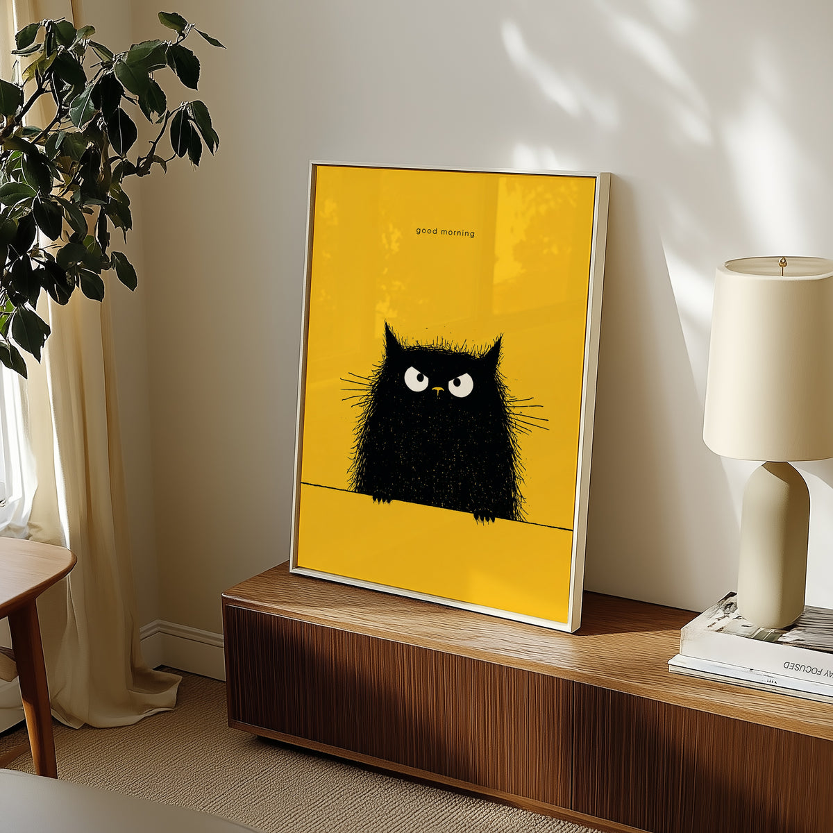 Good Morning Poster – lurvig svart katt på gul bakgrund ovanför soffan i hemmiljö, konsttryck från Bozetto