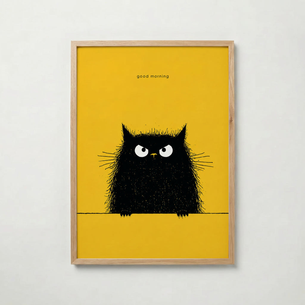 Good Morning Poster – lurvig svart katt på gul bakgrund i ekram, väggkonst från Bozetto