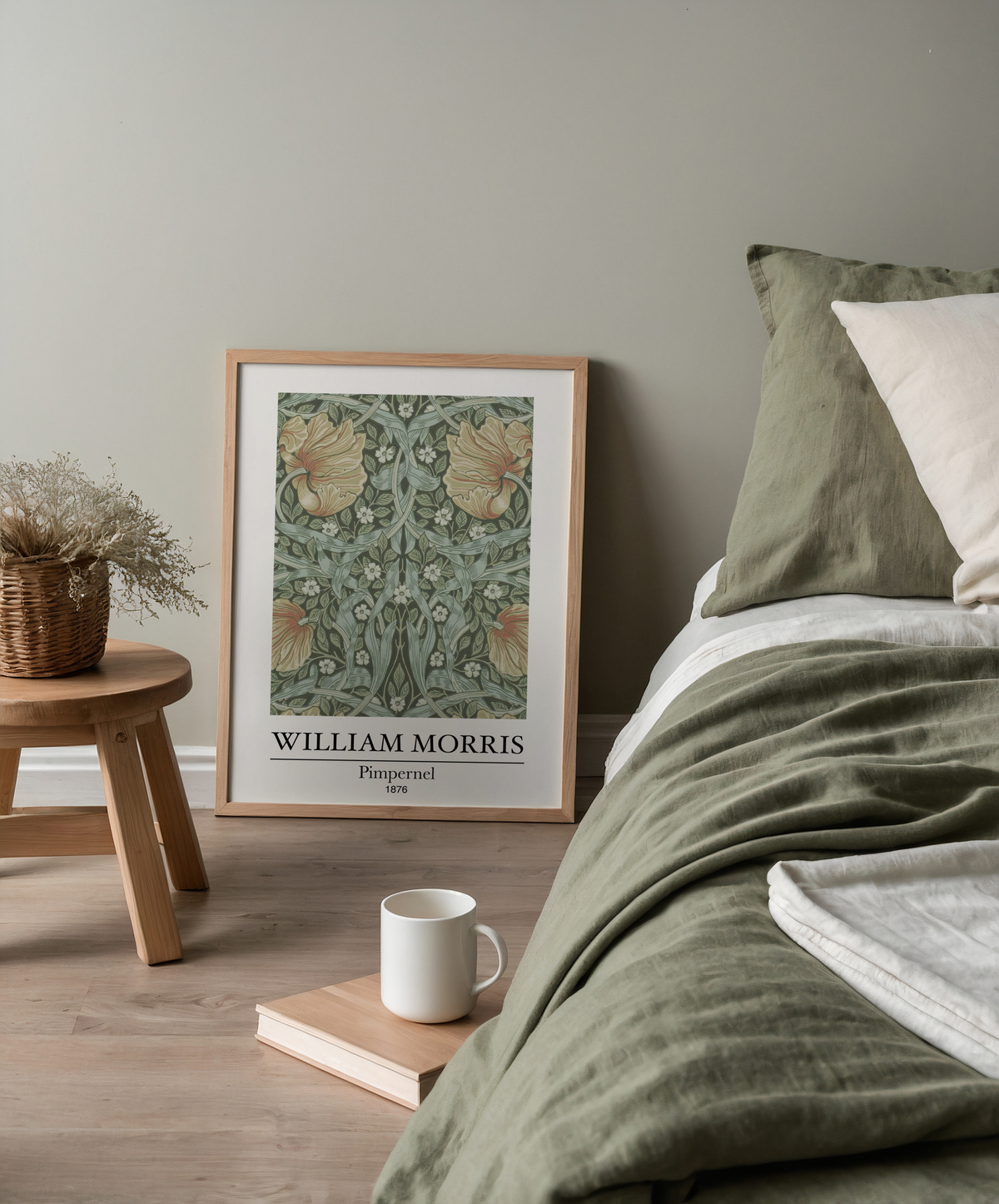 Mockup av William Morris Pimpernel affisch på vägg – köp enkelt hos Bozetto i hög kvalitet