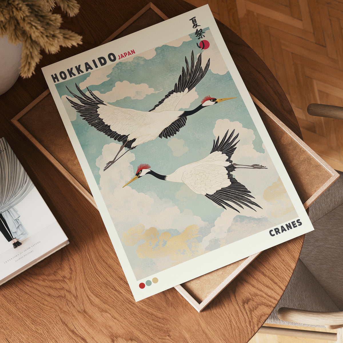 Hokkaido Cranes poster visad rakt fram – Bozetto affisch i hög tryckkvalitet i hög tryckkvalitet