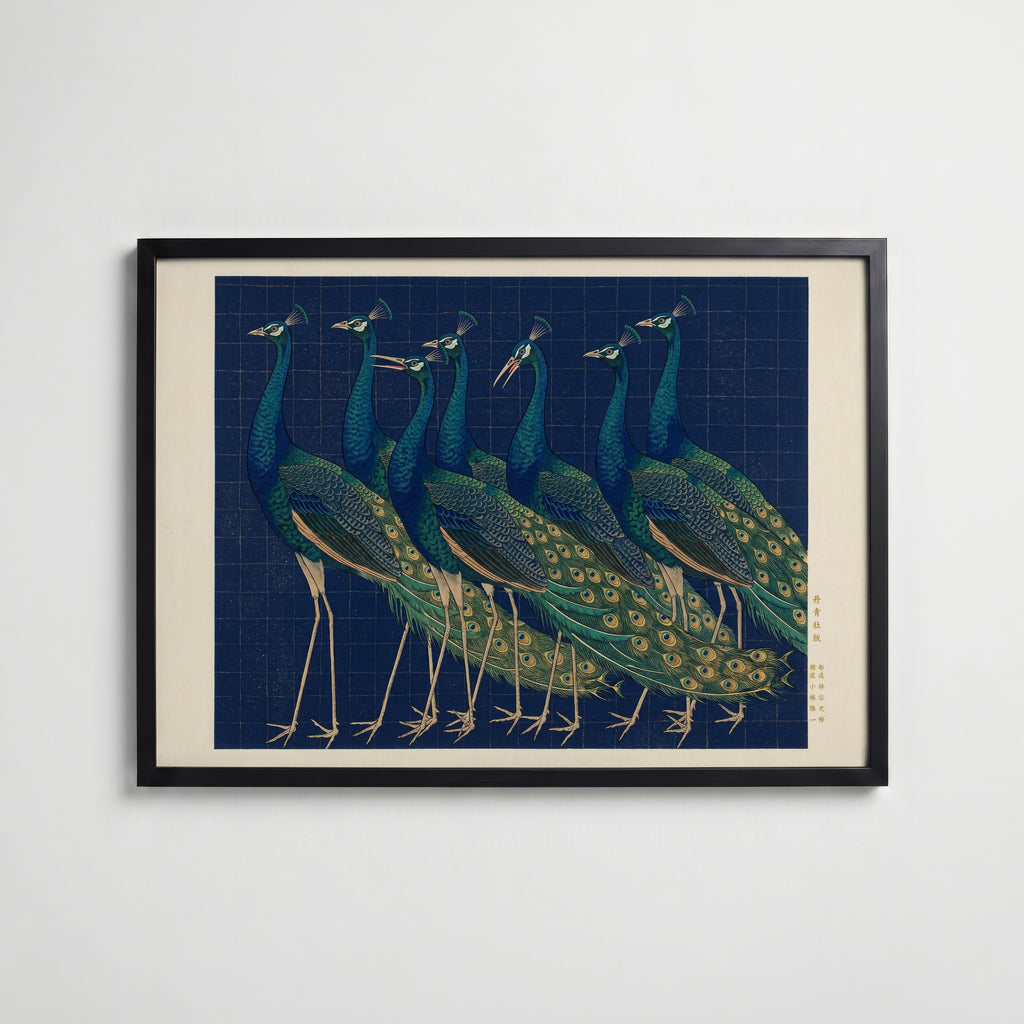 Indigo Peacocks Poster med svart ram