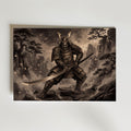 Iron Samurai Poster – samurai i drakskulpterat stalsänkpansar med katana mot klätterträd och dimma