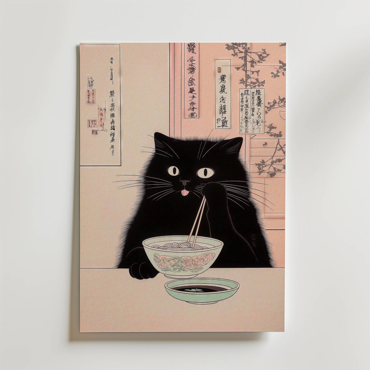 Mockup av Midnight Cat Ramen affisch på vägg – köp enkelt hos Bozetto i hög kvalitet