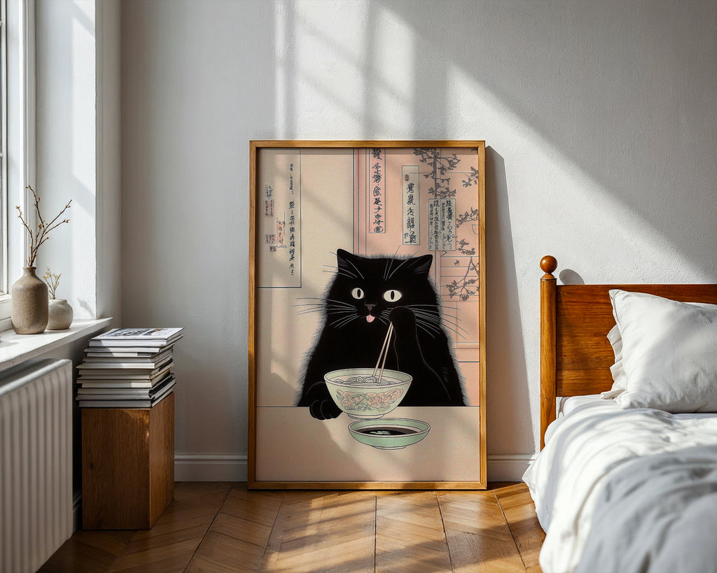 Väggmockup av Midnight Cat Ramen affisch på ljus vägg – Bozetto konsttryck – nr 2