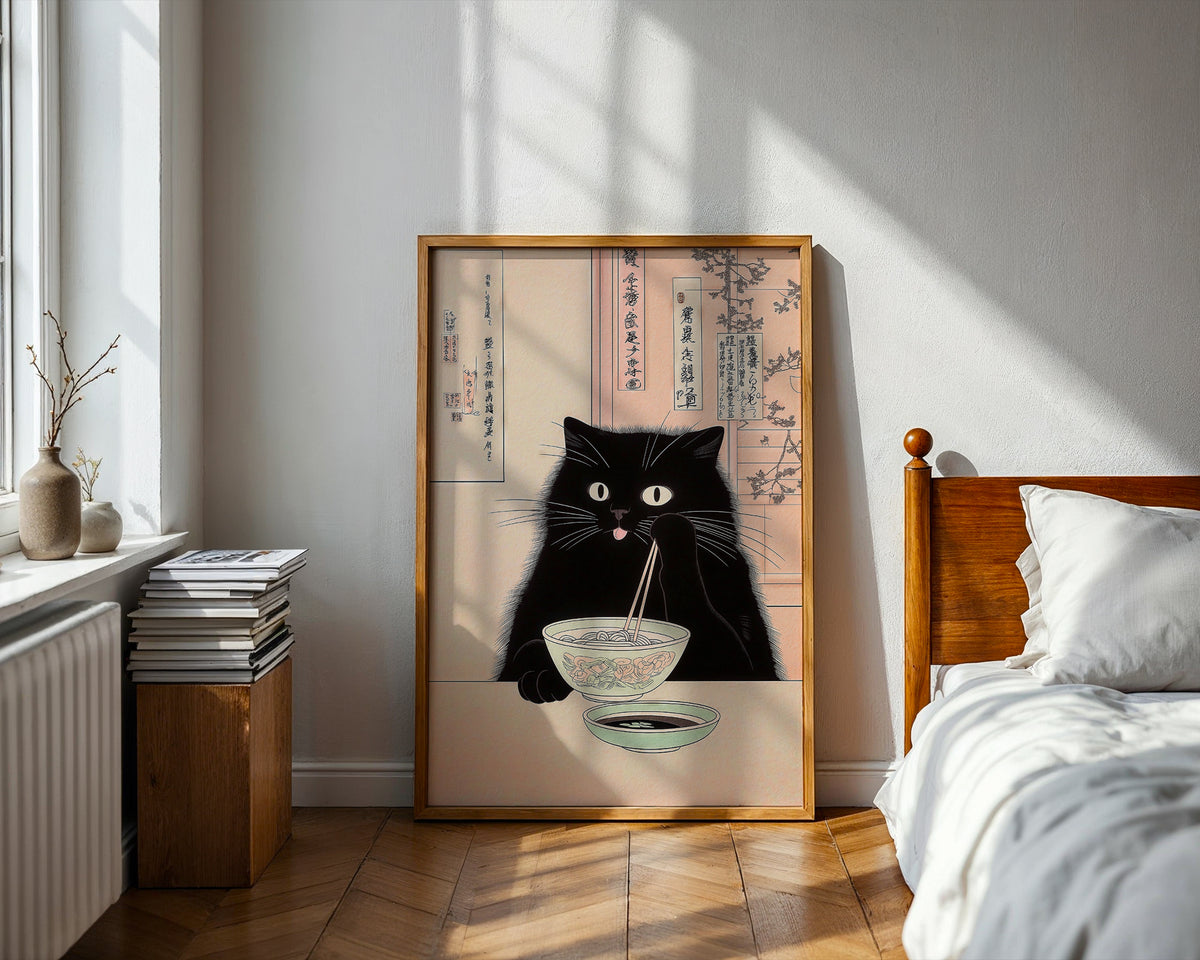 Väggmockup av Midnight Cat Ramen affisch på ljus vägg – Bozetto konsttryck – nr 2