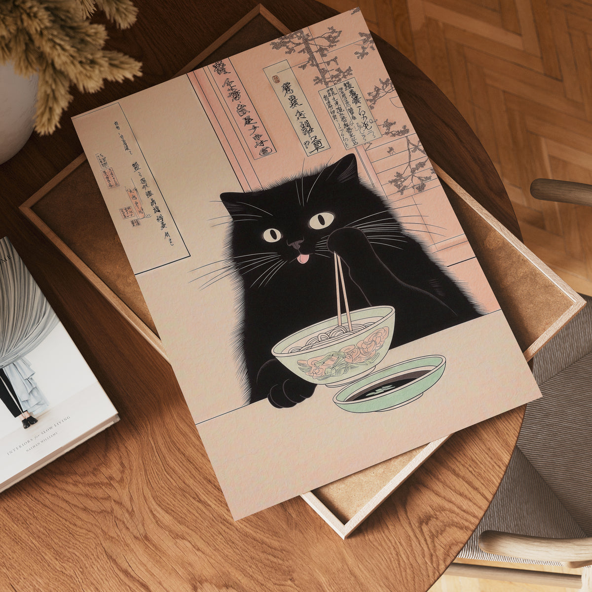 Väggmockup av Midnight Cat Ramen affisch på ljus vägg – Bozetto konsttryck – nr 4