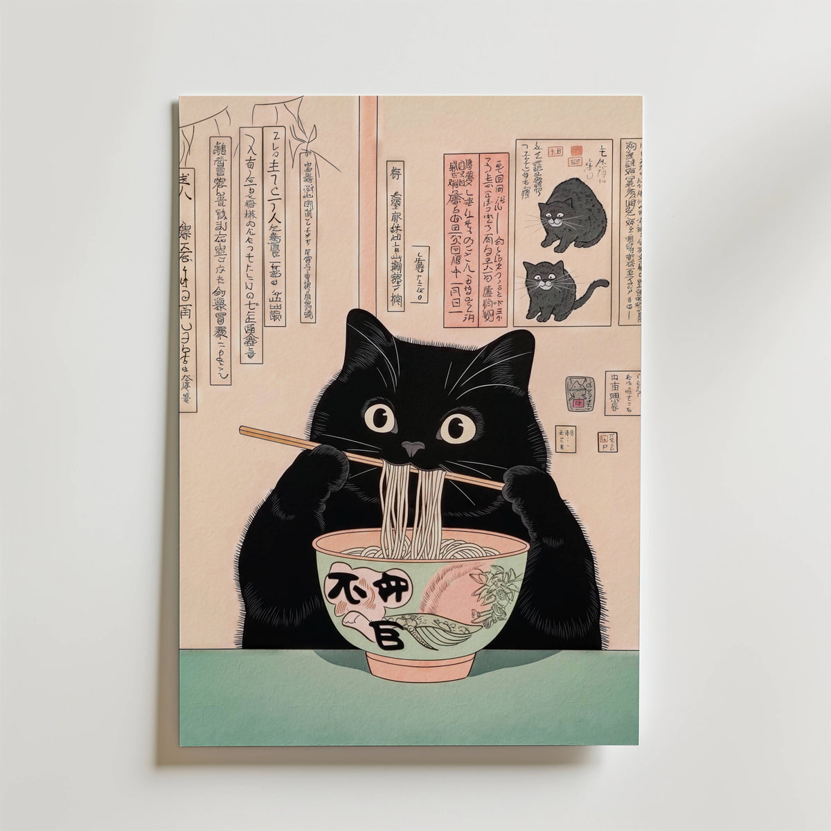 Mockup av Midnight Cat Ramen No.2 affisch på vägg – köp enkelt hos Bozetto i hög kvalitet