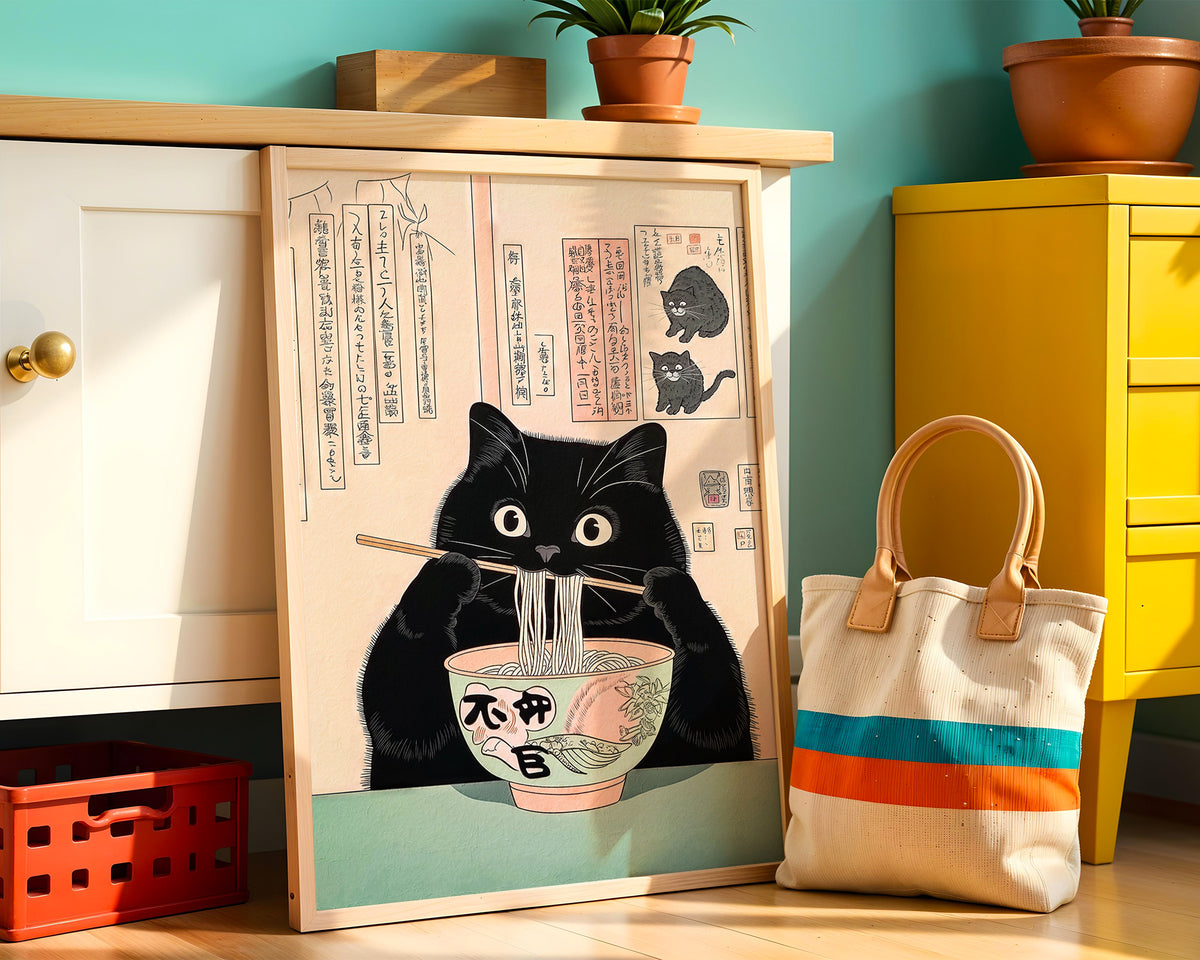 Väggmockup med Midnight Cat Ramen No.2 – köp enkelt hos Bozetto affisch i hög kvalitet