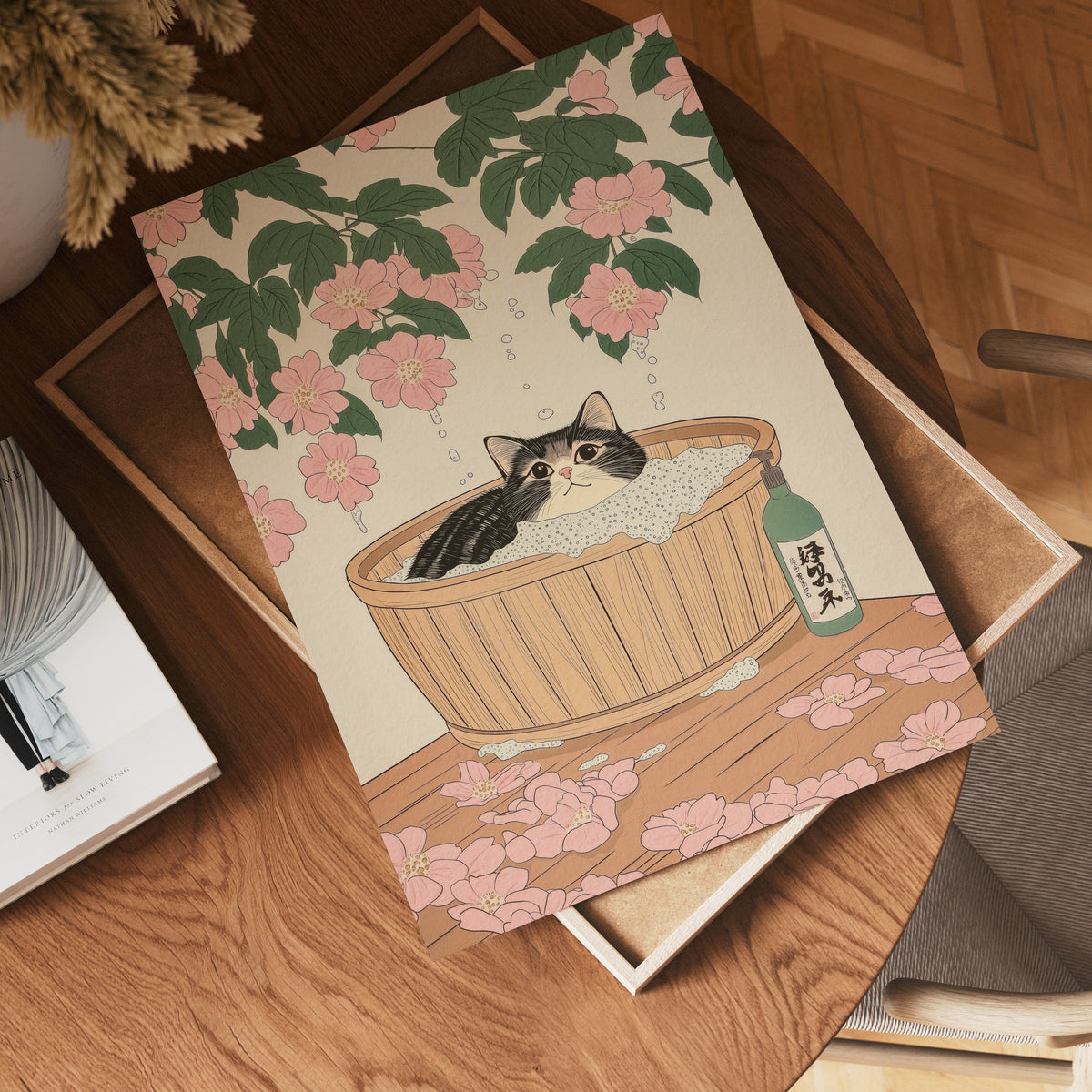 Väggmockup av Cat In Sakura Bath affisch på ljus vägg – Bozetto konsttryck – nr 4