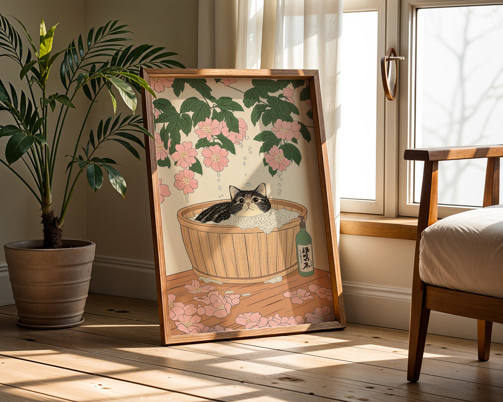Väggmockup av Cat In Sakura Bath affisch på ljus vägg – Bozetto konsttryck – nr 2