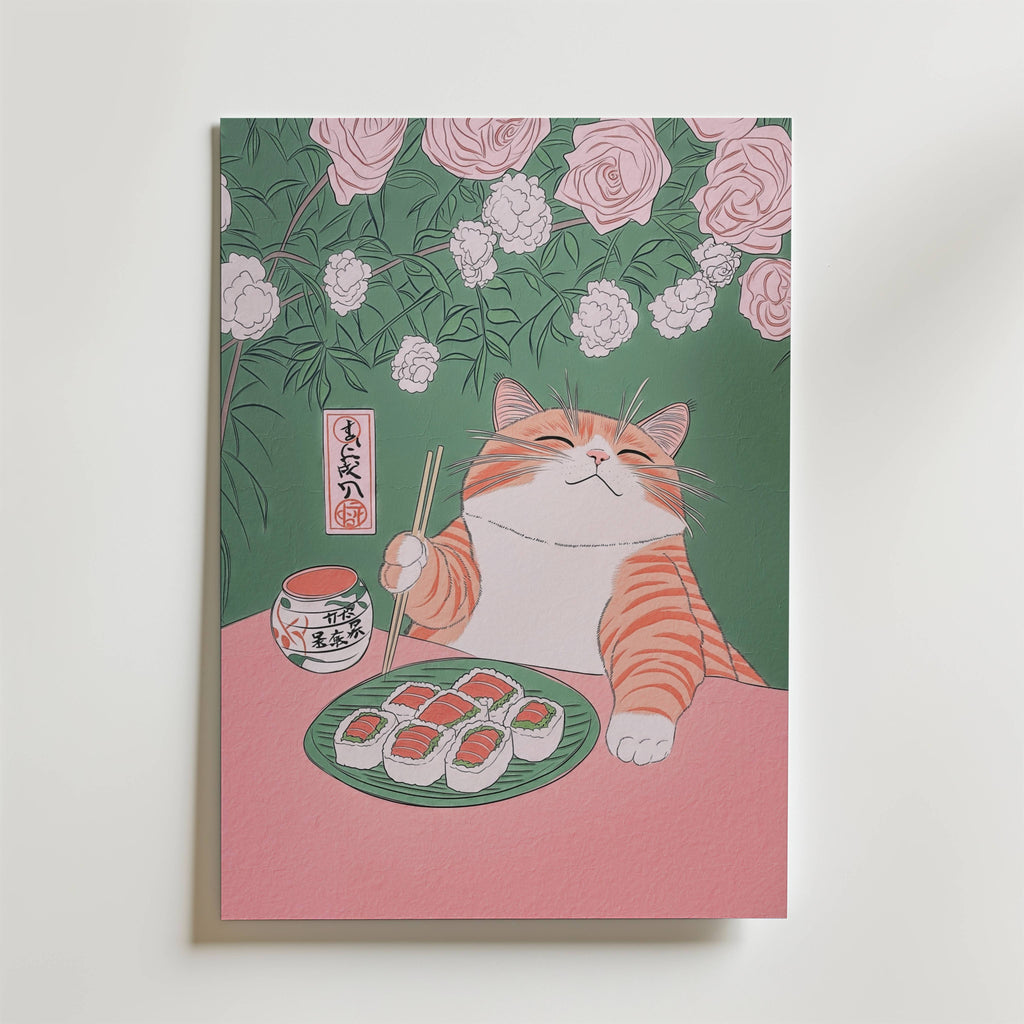 Mockup av Sushi Cat Delight affisch på vägg – köp enkelt hos Bozetto i hög kvalitet