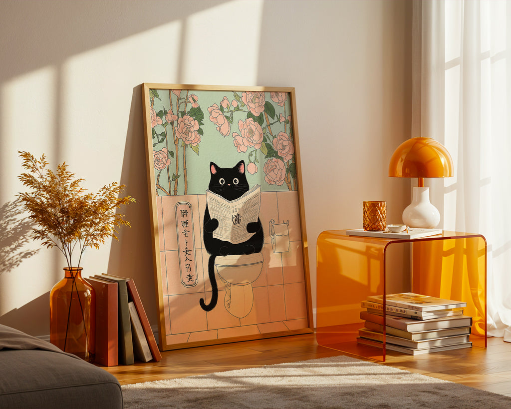 Väggmockup av Morning Routine Cat affisch på ljus vägg – Bozetto konsttryck – nr 4
