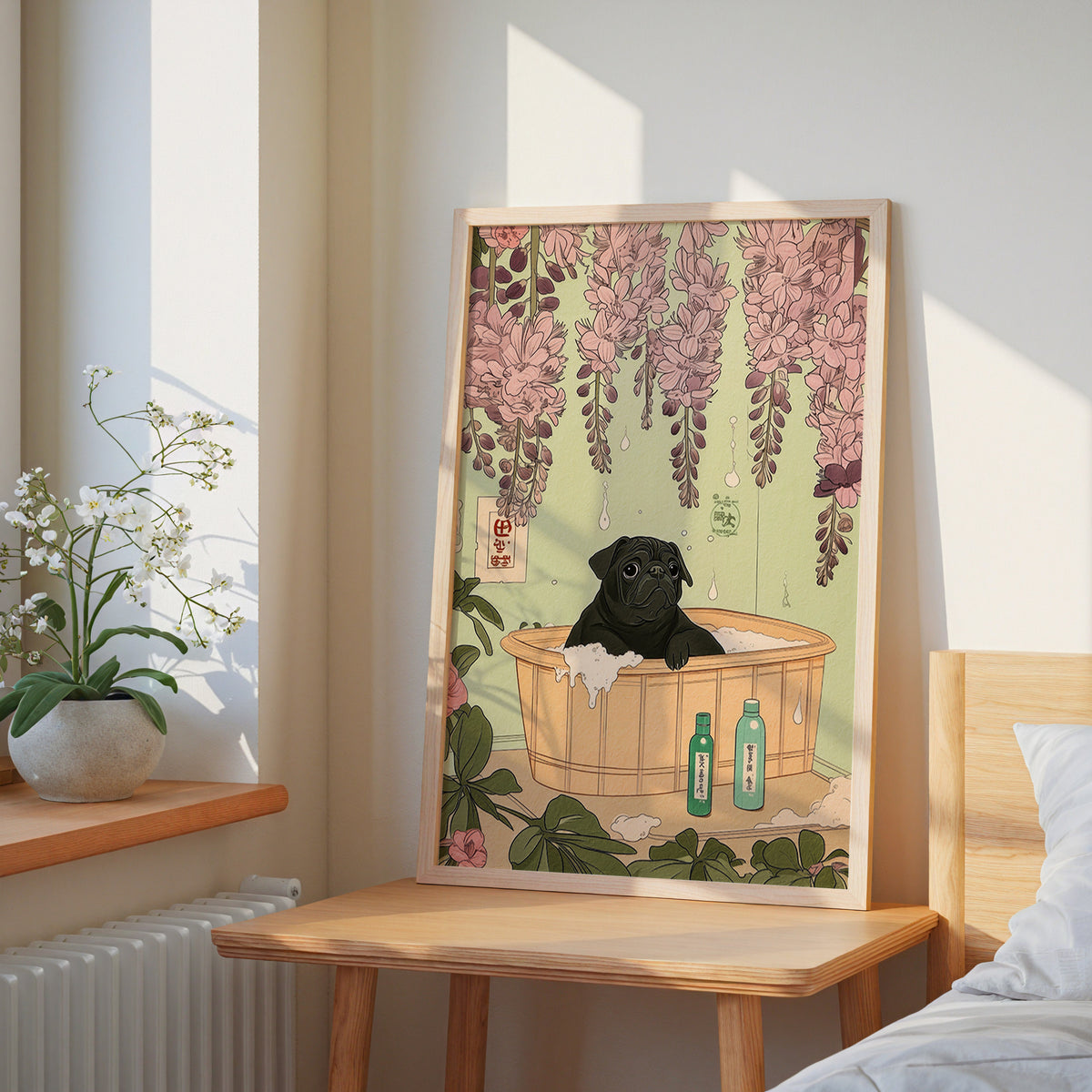 Väggmockup av Wisteria Spa Dog affisch på ljus tegelvägg – Bozetto konsttryck i hög tryckkvalitet
