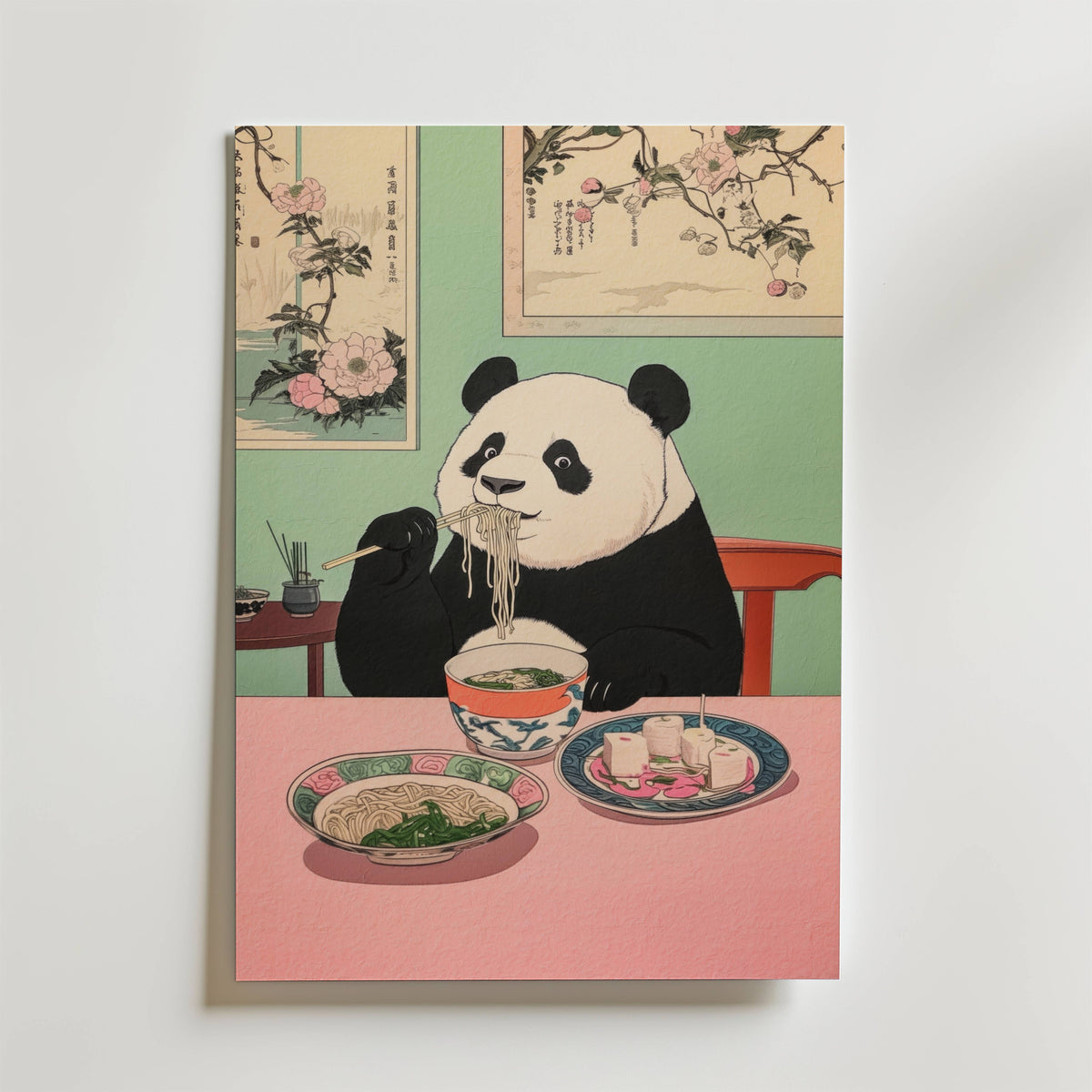 Väggmockup av Panda Feast affisch på ljus tegelvägg – Bozetto konsttryck i hög tryckkvalitet