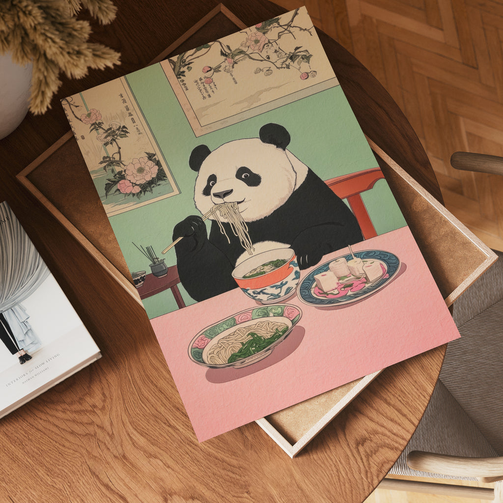 Panda Feast i väggmockup – konsttryck presenterat i verklig miljö av Bozetto i hög tryckkvalitet