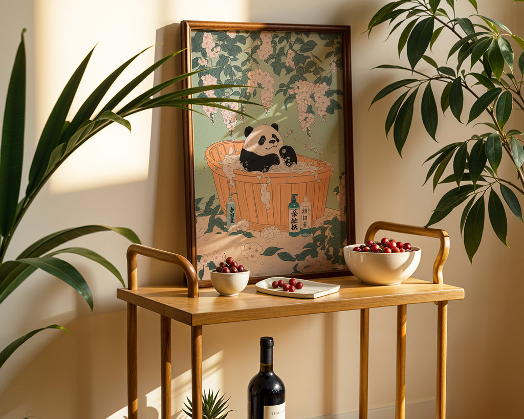 Zen Bath Panda poster visualiserad på vägg – se rätt storlek med mockup från Bozetto