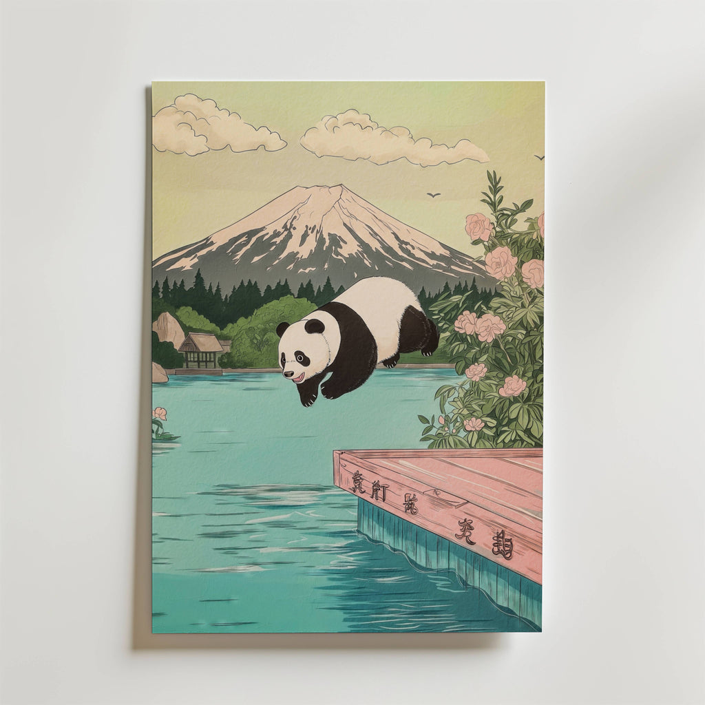 Väggmockup av Diving Panda affisch på ljus tegelvägg – Bozetto konsttryck i hög tryckkvalitet