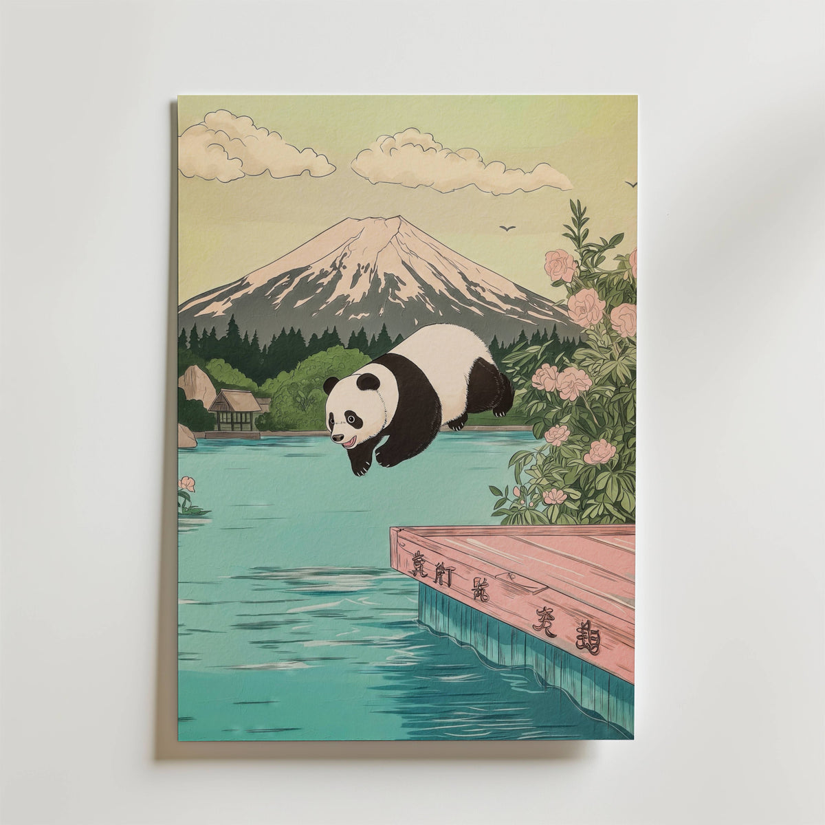 Väggmockup av Diving Panda affisch på ljus tegelvägg – Bozetto konsttryck i hög tryckkvalitet