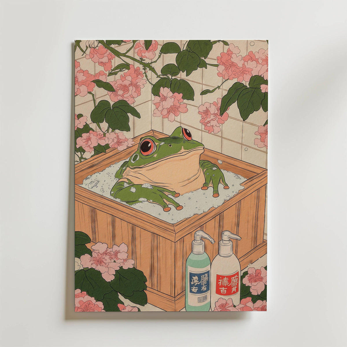 Väggmockup av Bathing Frog affisch på ljus tegelvägg – Bozetto konsttryck i hög tryckkvalitet