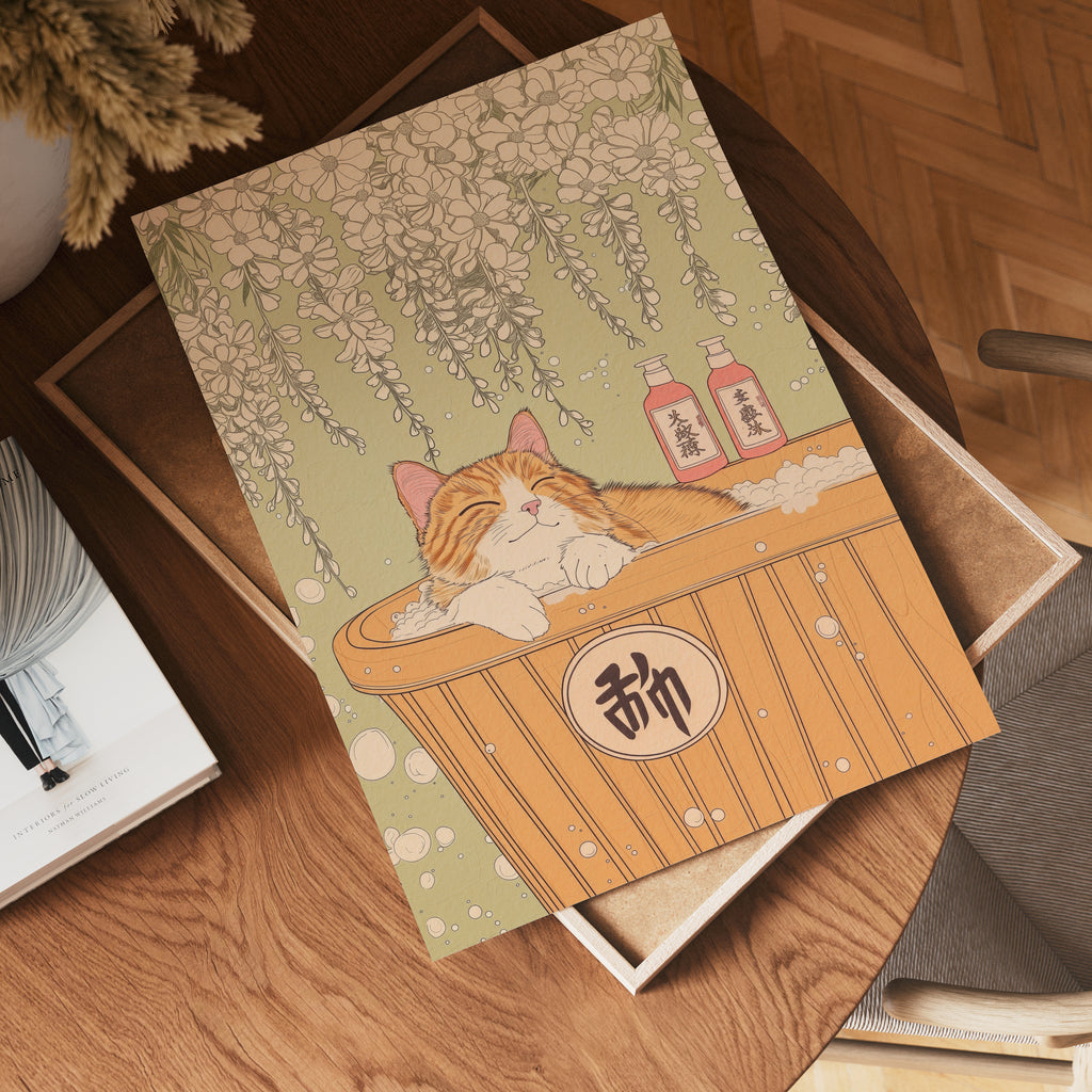 Väggmockup av Peaceful Cat Bath affisch på ljus vägg – Bozetto konsttryck – nr 4
