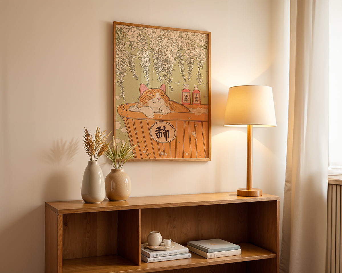 Väggmockup av Peaceful Cat Bath affisch på ljus vägg – Bozetto konsttryck – nr 2
