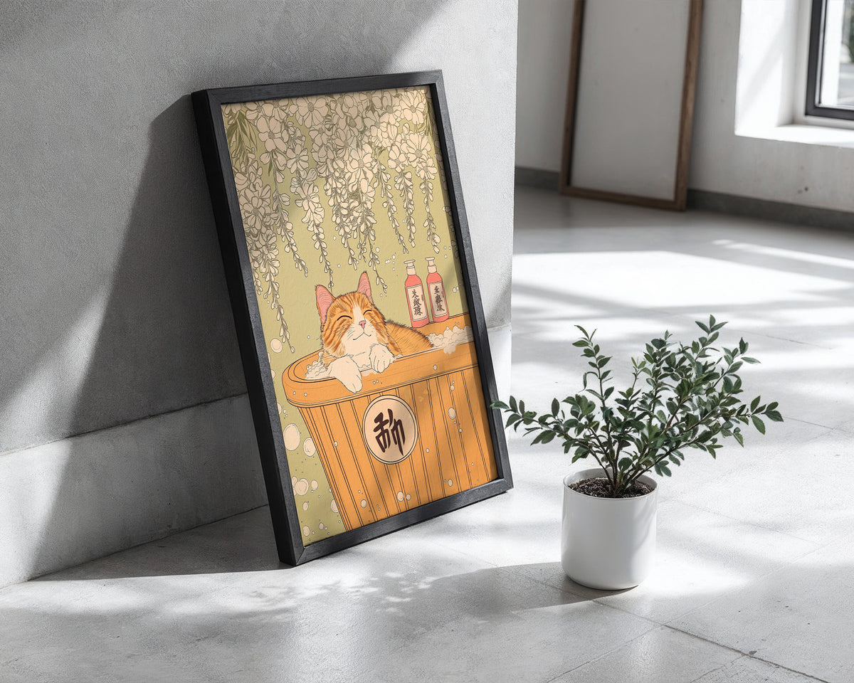 Väggmockup med Peaceful Cat Bath – köp enkelt hos Bozetto affisch i hög kvalitet