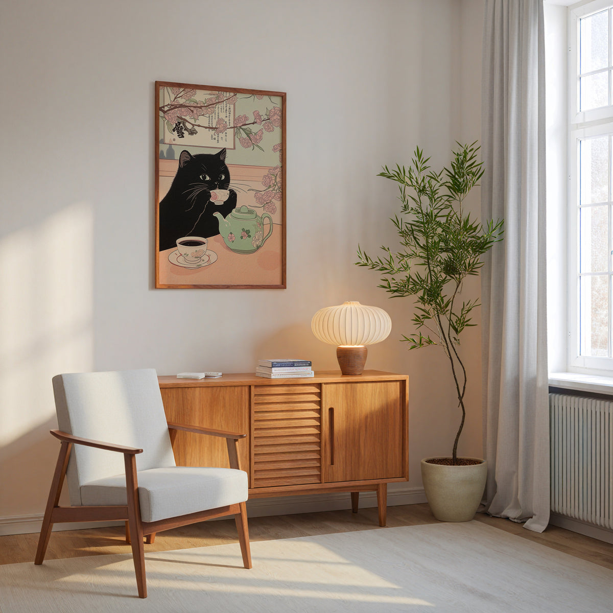 Sakura Tea Cat poster visualiserad på vägg – se rätt storlek med mockup från Bozetto
