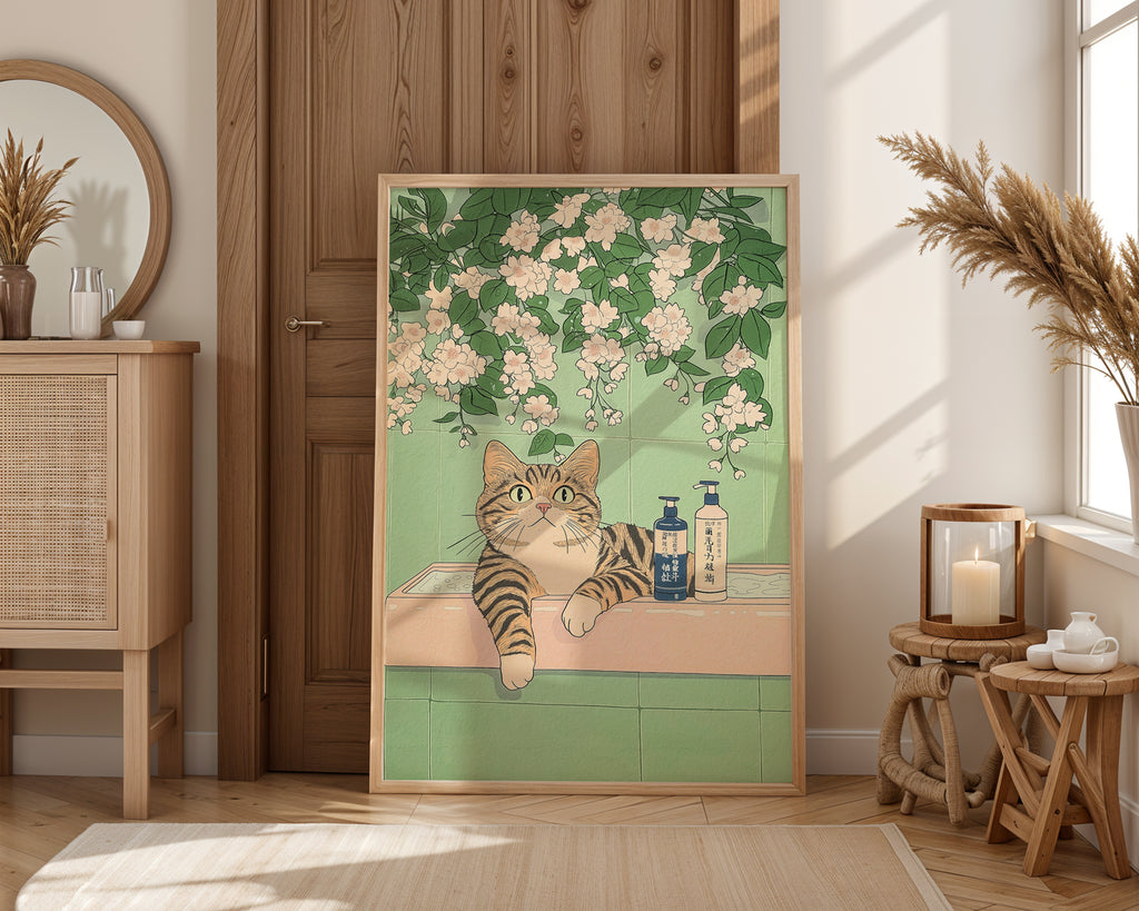 Bath Cat poster visualiserad på vägg – se rätt storlek med mockup från Bozetto i hög tryckkvalitet