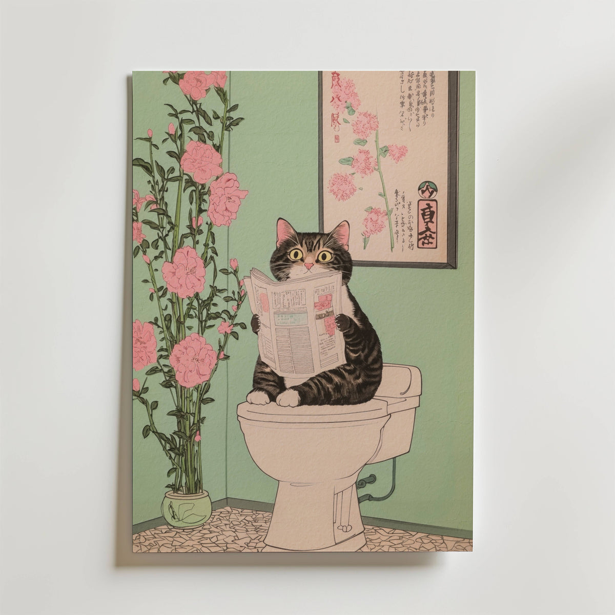Väggmockup av Toilet Cat affisch på ljus tegelvägg – Bozetto konsttryck i hög tryckkvalitet