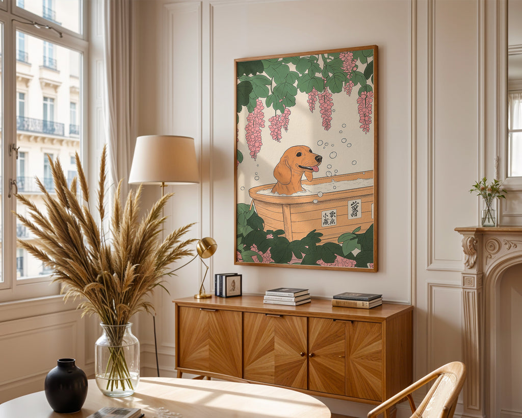 Golden Dog Spa poster visualiserad på vägg – se rätt storlek med mockup från Bozetto