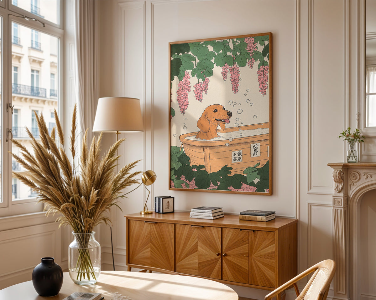 Golden Dog Spa poster visualiserad på vägg – se rätt storlek med mockup från Bozetto