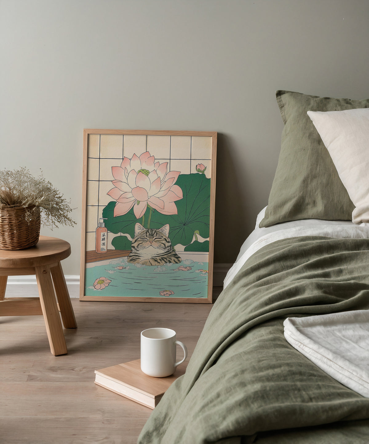 Lotus Cat Bath poster visualiserad på vägg – se rätt storlek med mockup från Bozetto