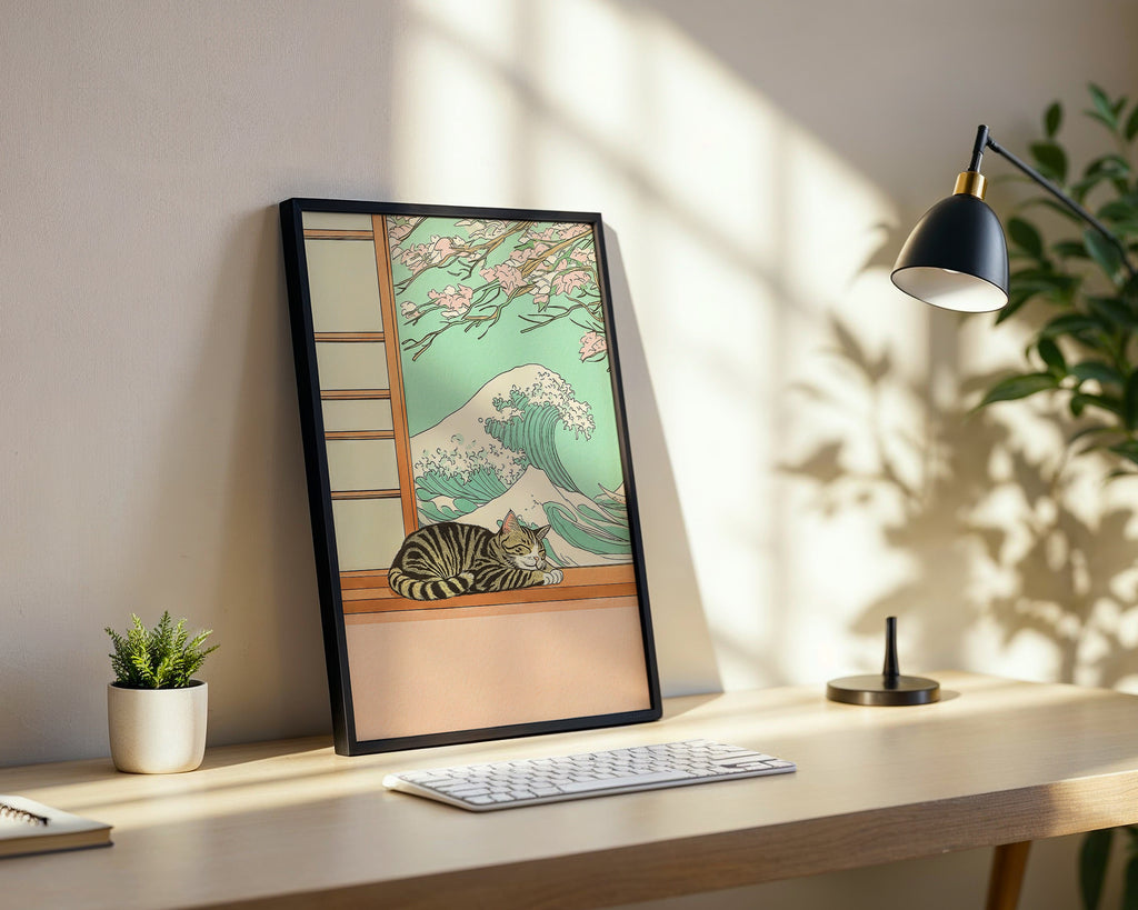 Väggmockup av Sleeping Cat Wave affisch på ljus vägg – Bozetto konsttryck – nr 2