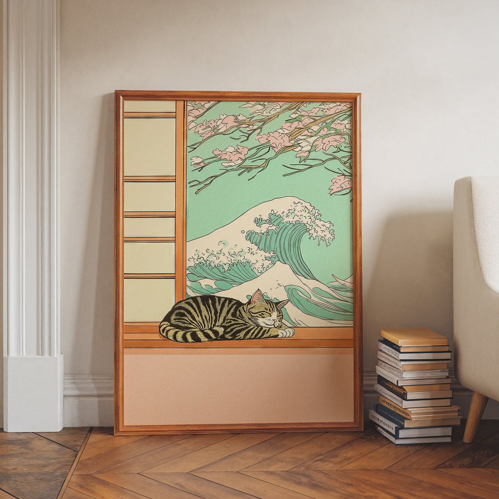 Väggmockup med Sleeping Cat Wave – köp enkelt hos Bozetto affisch i hög kvalitet