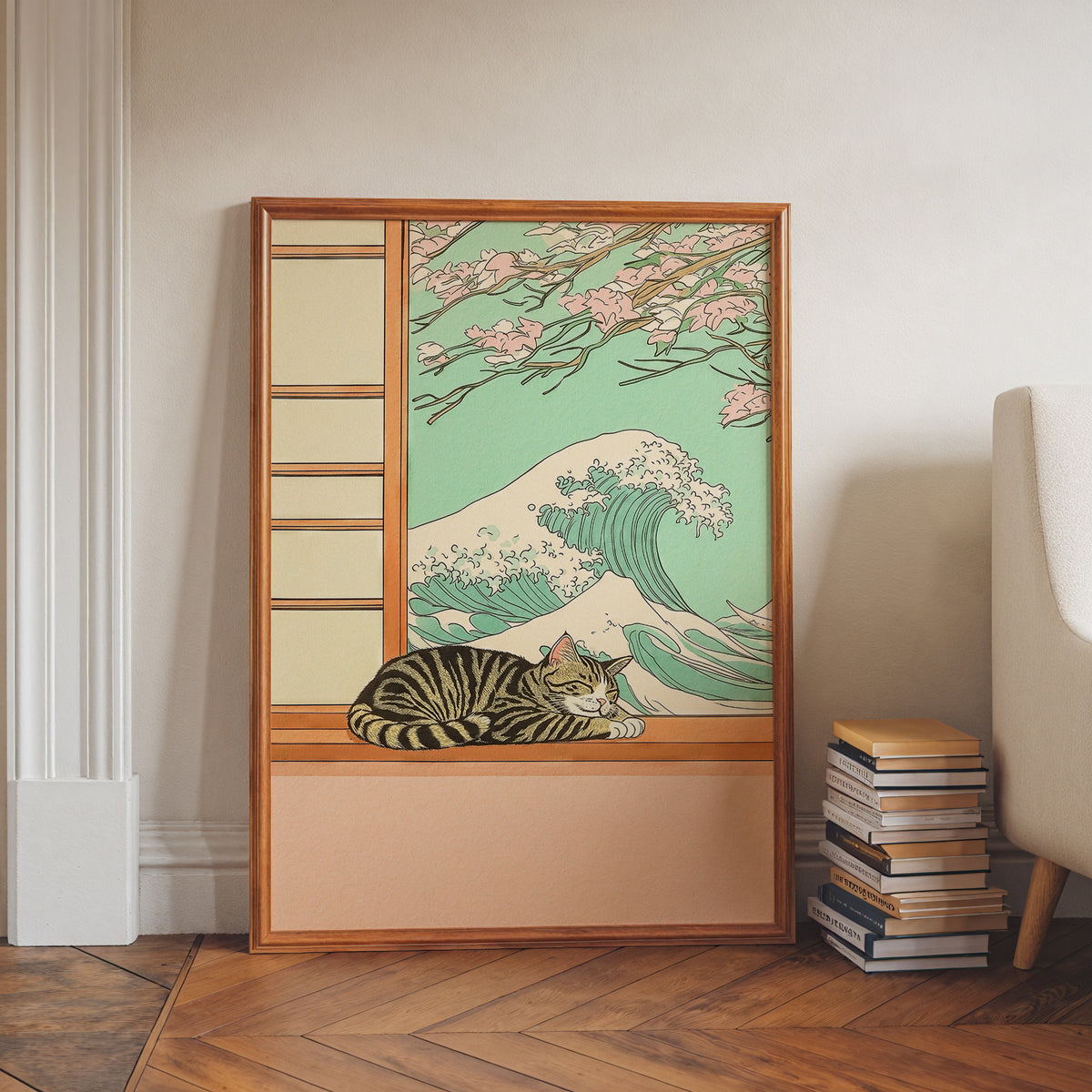 Väggmockup med Sleeping Cat Wave – köp enkelt hos Bozetto affisch i hög kvalitet