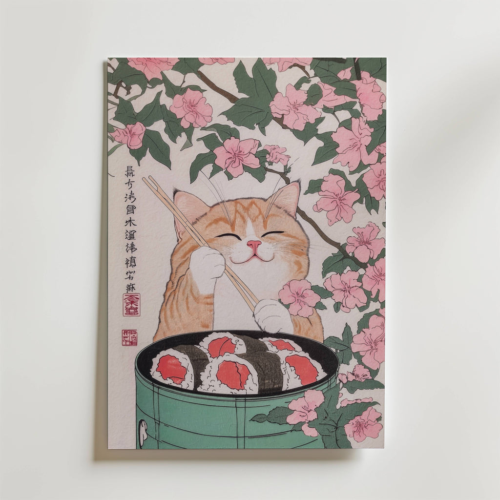Mockup av Sakura Sushi Cat affisch på vägg – köp enkelt hos Bozetto i hög kvalitet